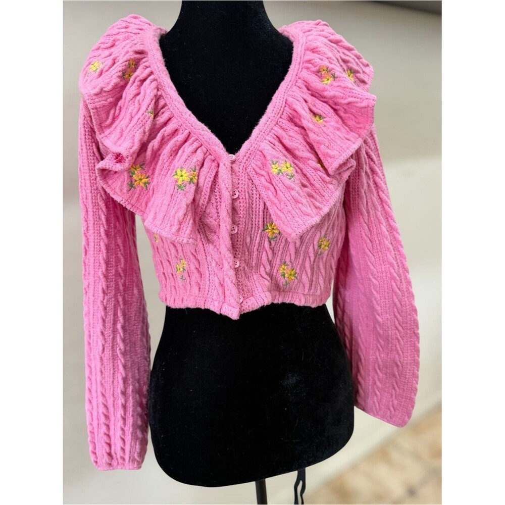 Zara Pink Cable Knit Floral Embroidered Cropped Cardigan XS